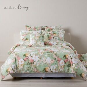 NEW Anthro Green Pink Floral Cotton Queen / King Cotton Bedding Duvet & Sham Set